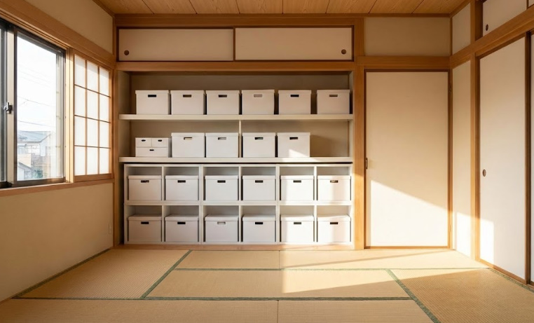 ダイソーの白い収納ボックスを使って美しく整理整頓された、清潔感あふれる日本の住宅の和室の写真